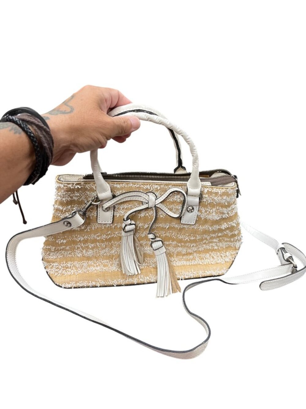 Patricia Nash Angela wms leather tan white tasseled hand shoulder bag SKU 10-759